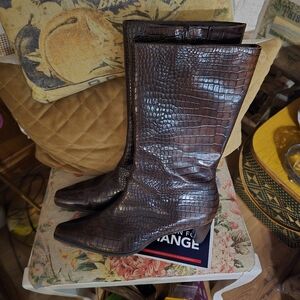 Brown Croc-Embossed Mid-Calf Boots Naturalizer Brand